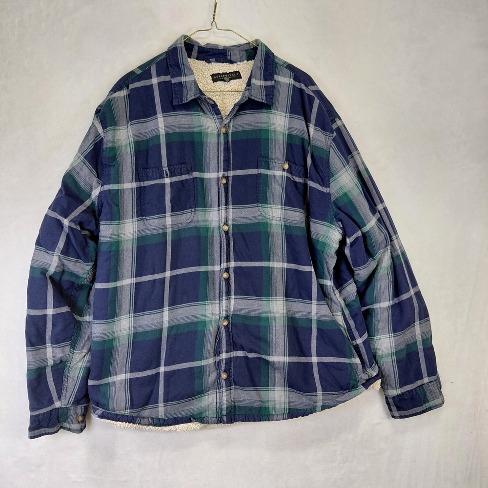 Aeropostale Mens 2XL Plaid Flannel Shirt Sherpa Lined Navy Blue Green Button Up